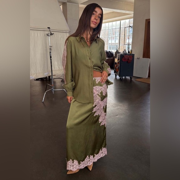 Lace Trim Satin Shirt - Picture 3 of 12